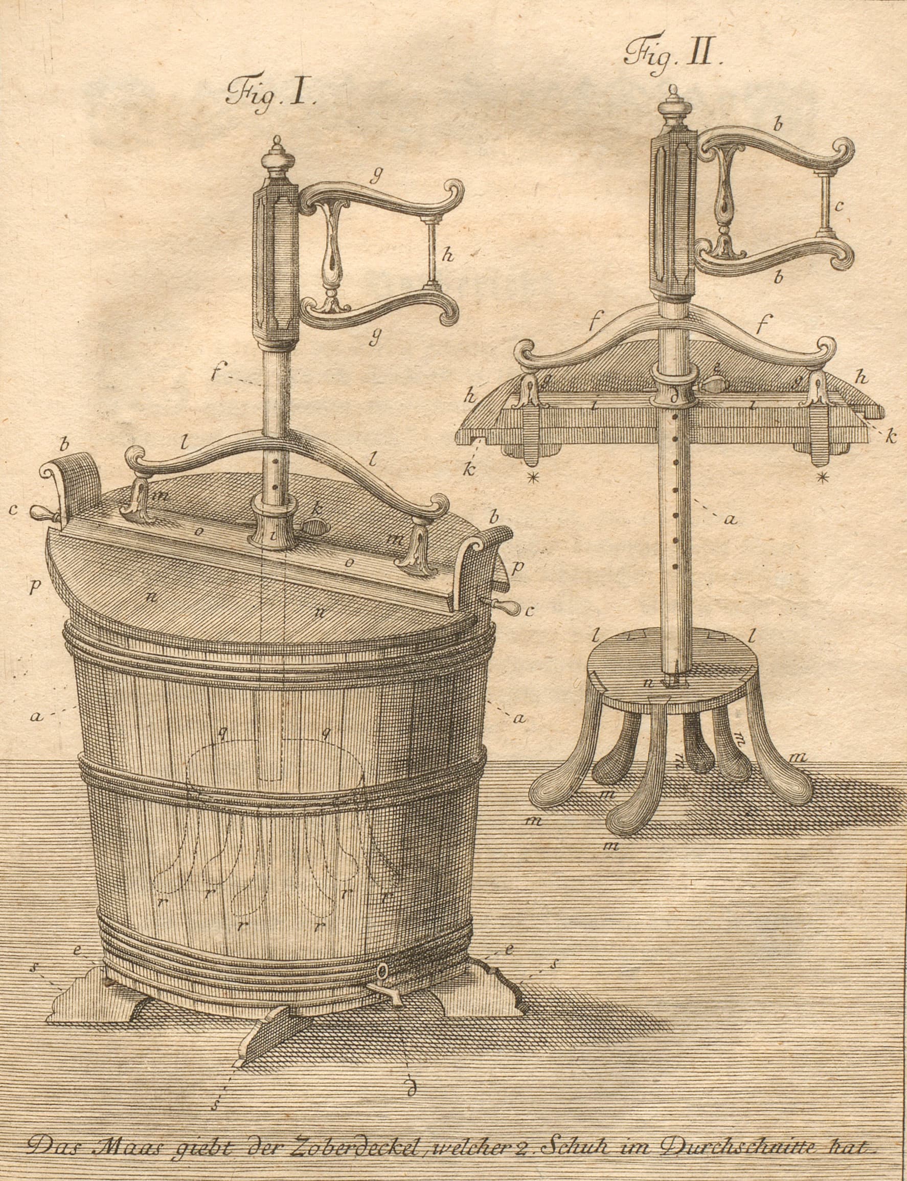 Gravure d'époque de la première machine à laver conçue par Jacob Christian Schäffer en 1767 : un tonneau en bois surmonté d'un mécanisme de brassage manuel actionné à la main.